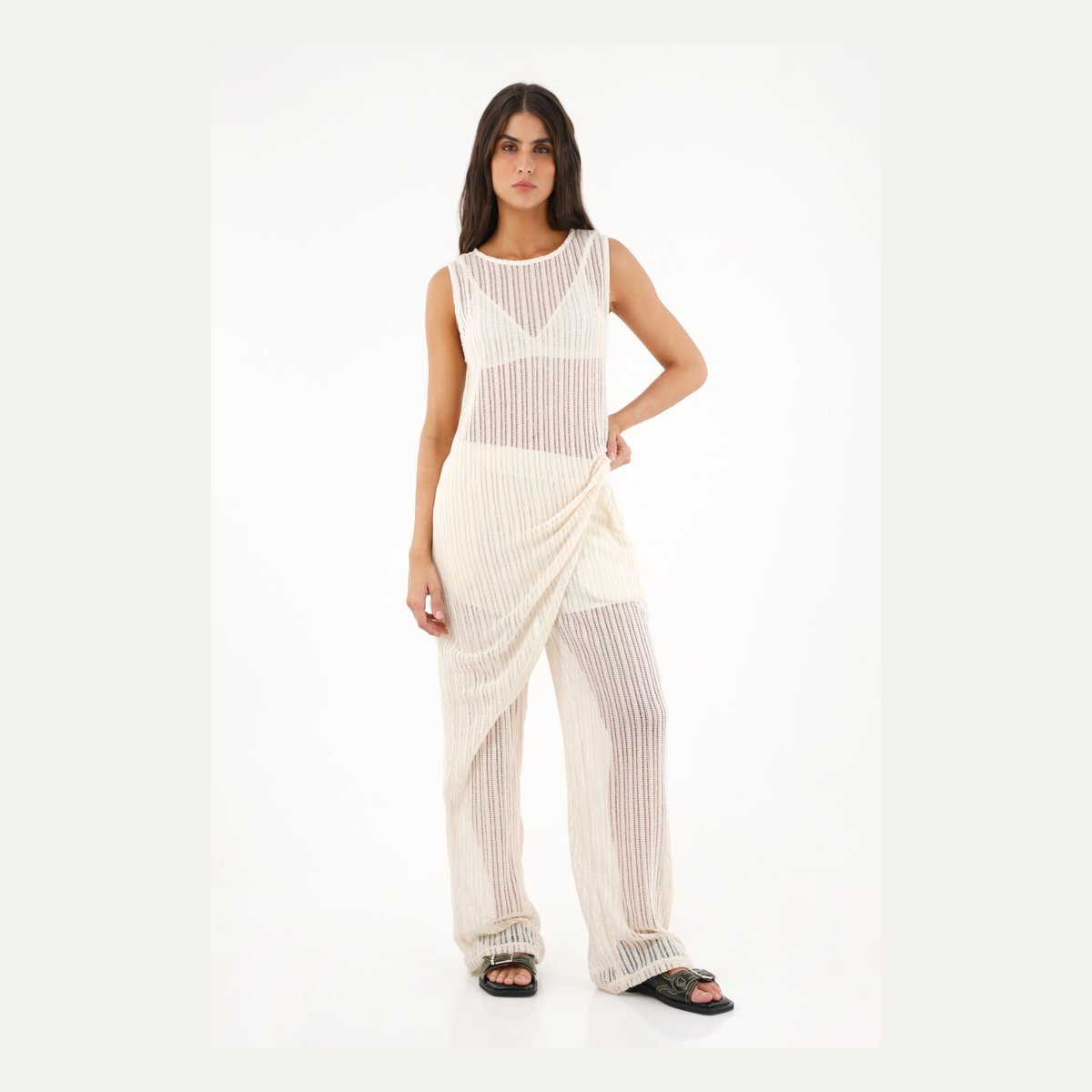 Pantalón Recto de tejido abierto crudo Topmark