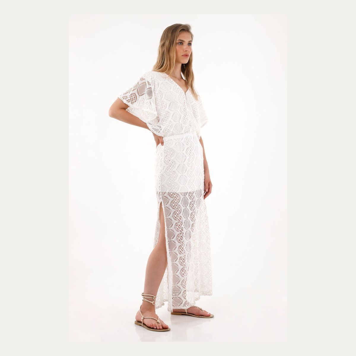 Vestido largo crudo con escote en V Tennis